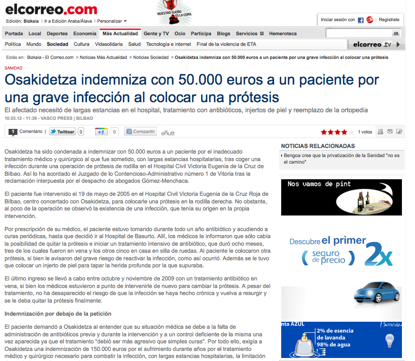 Osakidetza indemniza con 50.000 euros a un paciente por una grave infección al colocar una prótesis (abogados especialistas en negligencias médicas gomez menchaca en Bilbao)